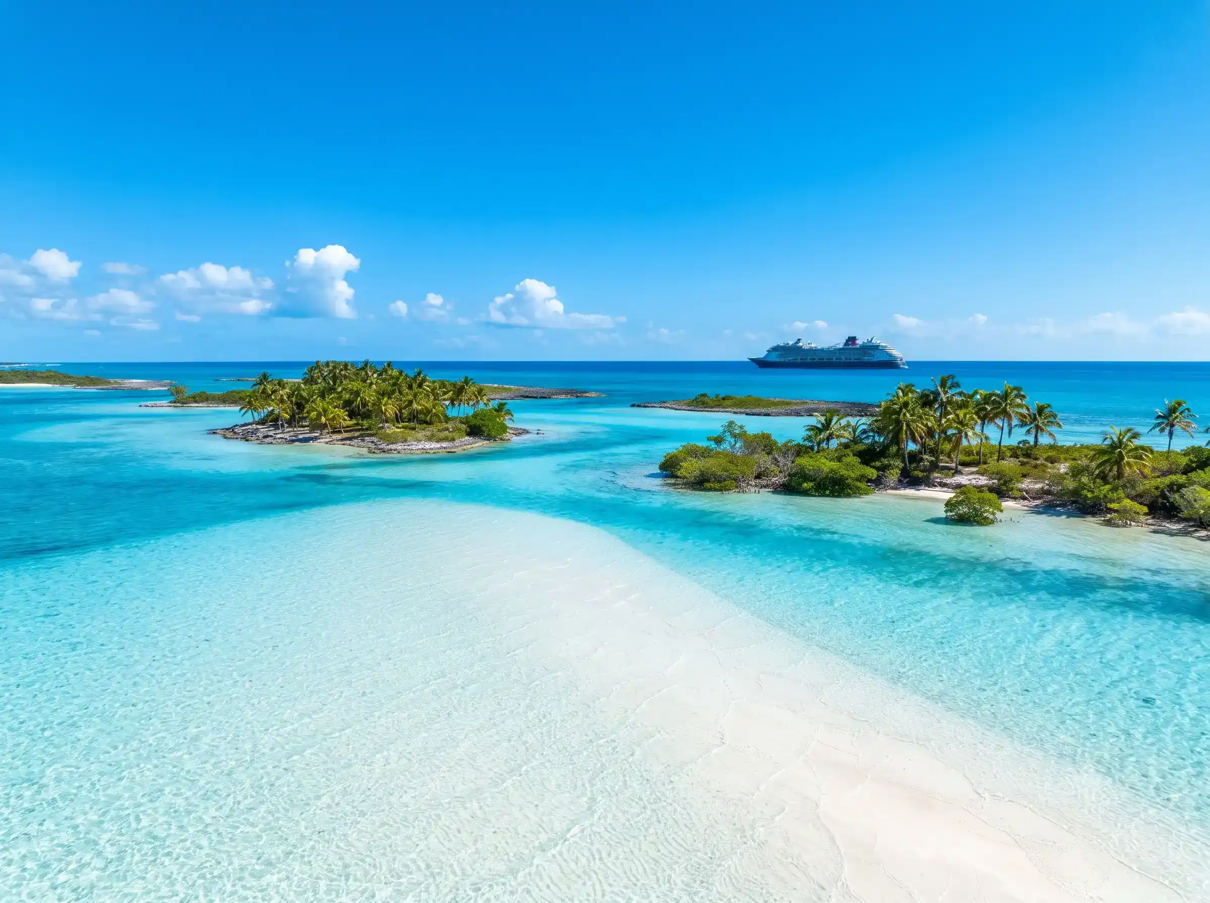 Crystal-clear Bahamian lagoon surrounded by palm trees