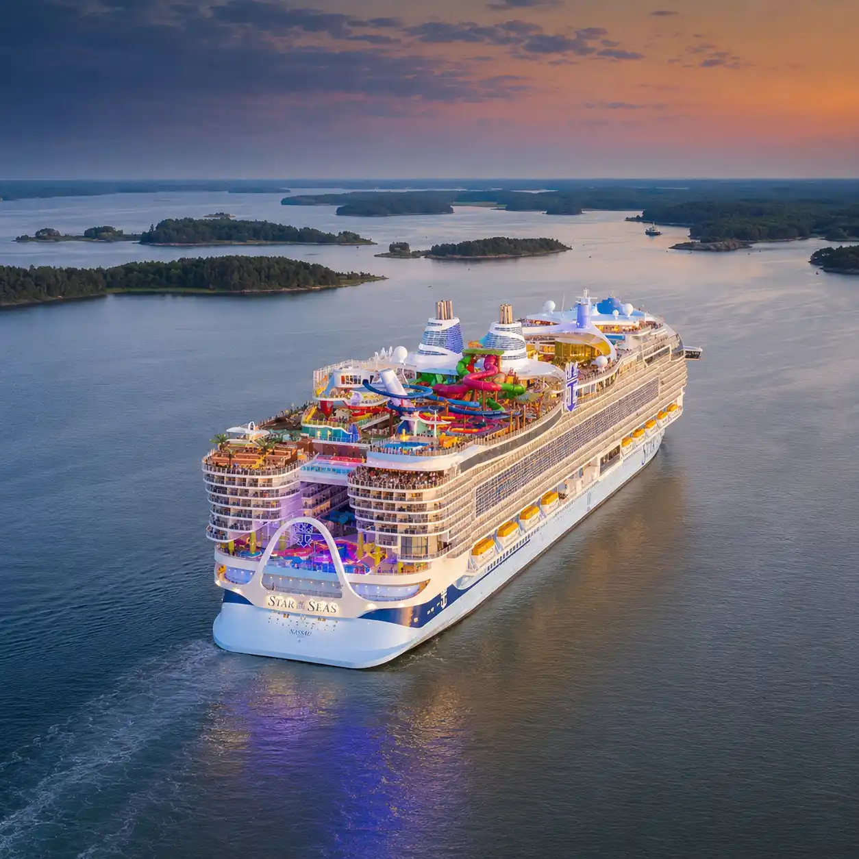 A cruise ship sailing at golden hour on open ocean